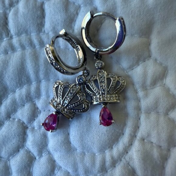 925 Sterling Silver Pink CZ Crown Dangle Hoop Earrings - Picture 1 of 3